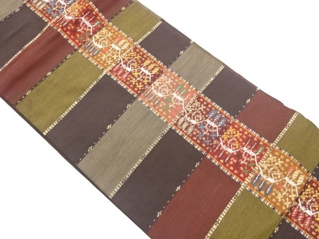 JAPANESE KIMONO / NAGOYA OBI / TSUMUGI / WOVEN GRID & ABSTRACT PLANT 